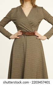 Serie Of Studio Photos Of Young Female Model In Brown Tweed Dress, Autumn Winter Fashion Collection.	