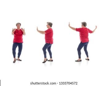 Series Of Basic Tai Chi Forms Performed By Older Woman Shot On White Background