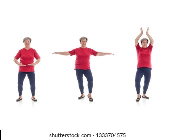 Series Of Basic Tai Chi Forms Performed By Older Woman Shot On White Background