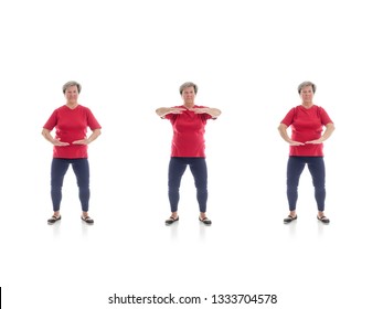 Series Of Basic Tai Chi Forms Performed By Older Woman Shot On White Background