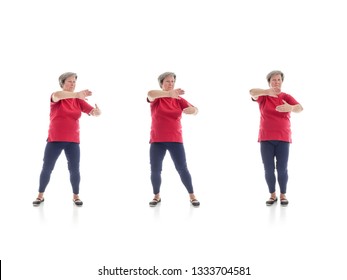 Series Of Basic Tai Chi Forms Performed By Older Woman Shot On White Background