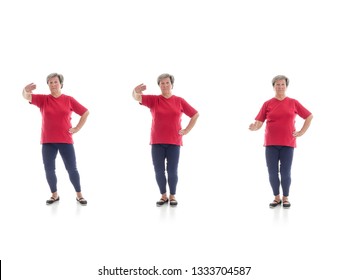 Series Of Basic Tai Chi Forms Performed By Older Woman Shot On White Background