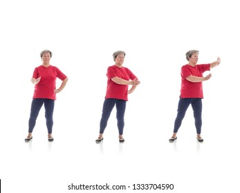 Series Of Basic Tai Chi Forms Performed By Older Woman Shot On White Background