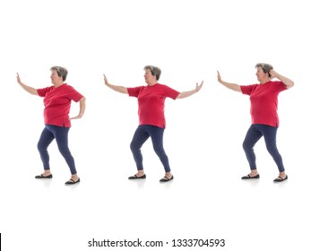 Series Of Basic Tai Chi Forms Performed By Older Woman Shot On White Background