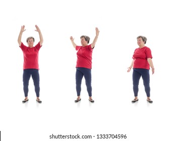 Series Of Basic Tai Chi Forms Performed By Older Woman Shot On White Background