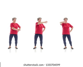 Series Of Basic Tai Chi Forms Performed By Older Woman Shot On White Background