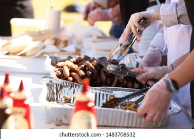 Series Of Bbq Cookout Grill Images Depicting Sausages, Steak And Fried Onion Sandwiches. Sausage Sizzle And Snag Sangas. 