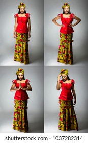 Series Of Black Female Showing African Pride By Wearing A Traditional Nigerian Dress And Head Scarf With Tribal Face Markings Or Cosmetic Makeup.  