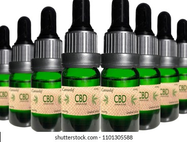 A Series Of CBD Oil Bottle Isolated On White