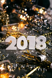 A Series Celebrating New Year's Eve, Some With 2018 Numerals.  Lots Of Confetti, Champagne, Etc. Good For Background Of Ads.