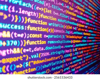 Series of colored numbers on a computer monitor with blur in the background. Sequence of numbers with bright colors on a black background. Binary code background. Software development monitor.