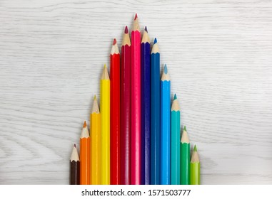 Series Of Colored Pencils On A White Wood Background Placed So As To Draw A Bell Curve Graph