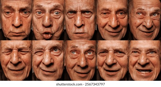 Series of expressive portraits of elderly man, capturing his personality with emotions that shift from thoughtful gazes to quirky pouts and playful smiles. Concept of human emotions, age and beauty. - Powered by Shutterstock