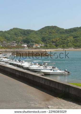 Series of fishing boats moored in the fishing port.
The view of the Japanese fishing port from the embankment.
A common Japanese fishing village on the coast of an inland sea.