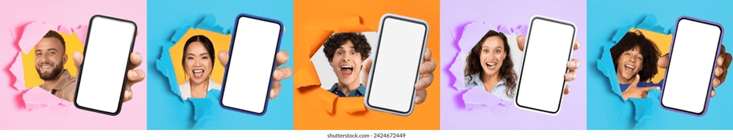 A series of five enthusiastic people with lively expressions burst through colored paper backdrops, each hand presenting a smartphone with a clear screen. Technology and app, website and blog