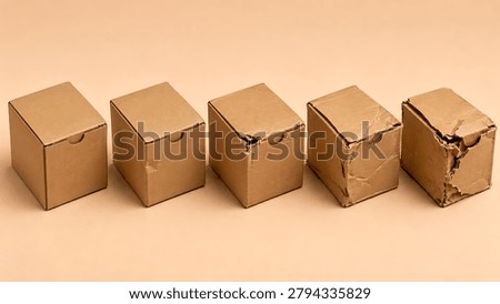 A series of five small cardboard boxes lined up to demonstrate the progressive damage to their corners, illustrating potential mishandling during delivery