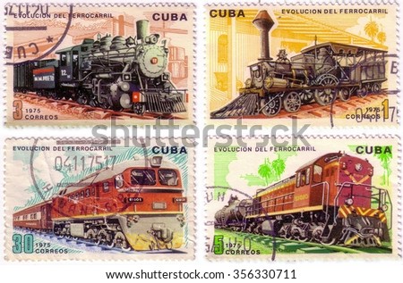 Series of four post stamps printed in Cuba shows moving train and devoted evolution of railway traffic,series .Circa 1975