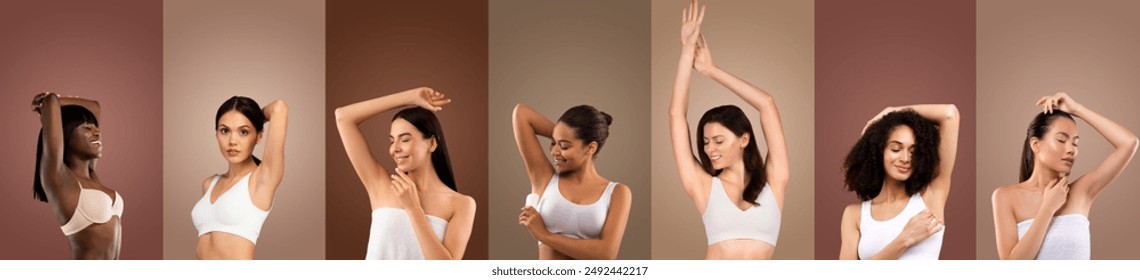 A series of images showcasing a diverse group of women applying deodorant after showering, in a studio setting. The women are wearing white bras and are standing against a backdrop