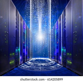 series of modern supercomputers server room data center into futuristic cyberspace