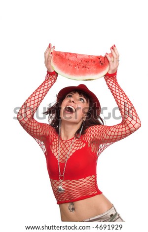 A series of photos about the girl and a water-melon
