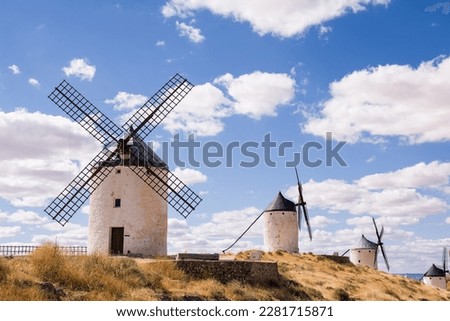 Series of windmills of Consuegra, in the places of the rue of Cervantes for his book Don Quiscotte