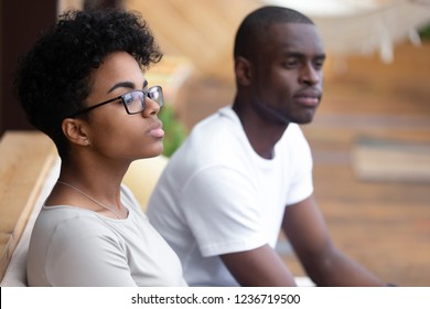 Serious African American Woman Sitting In Cafe, Looking In Distance, Bored Female At Boring Meeting With Colleague, Bad First Date, Offended Girlfriend Ignore Black Boyfriend, People Waiting Order