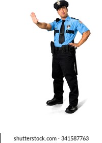 Serious Asian Man With Short Black Hair In Uniform Showing Stop Hand - Isolated