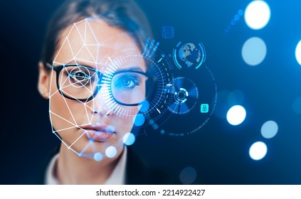 Serious attractive businesswoman with facial recognition, digital interface with virtual globe hologram, padlock, binary code. Concept of modern technology, artificial intelligence, biometric scanning