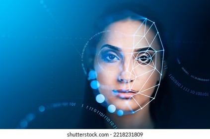 Serious attractive businesswoman with facial recognition by digital interface with line connection hologram and binary code. Concept of modern technology of artificial intelligence biometric scanning