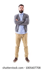 Serious Bossy Teacher Or Businessman With Crossed Arms Looking At Camera. Full Body Length Portrait Isolated On White Studio Background.