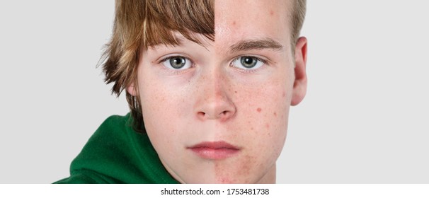 Serious Boy merge to teen headshot half side by side growth and development - Shutterstock ID 1753481738