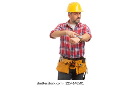 Serious Builder Indicating Wristwatch As You Are Running Late Concept Isolated On White Background