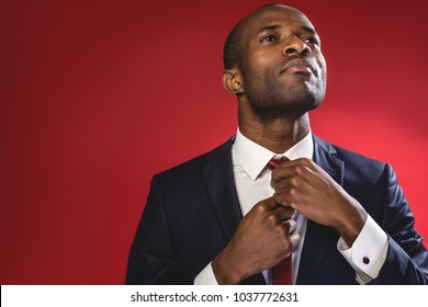 Serious Business Attitude. Elegant Sucessful Young Man Is Standing And Adjusting His Tie. Copy Space In The Left Side. Isolated On Red Background