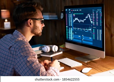 Serious business man trader analyst looking at computer monitor, investor broker analyzing indexes, financial chart trading online investment data on cryptocurrency stock market graph on pc screen.