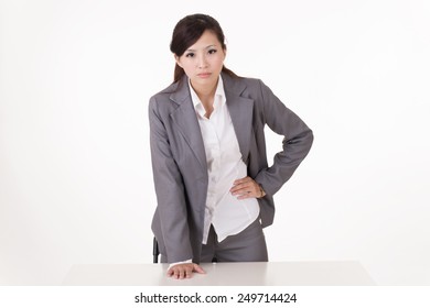 Serious Business Woman Of Asian, Closeup Portrait On White Background.