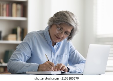 Serious Busy Mature Lady Working At Laptop Computer, Writing Notes, Watching Startup Project Presentation, Learning Webinar, Training, Getting Knowledge. Mature Student Studying Online From Home