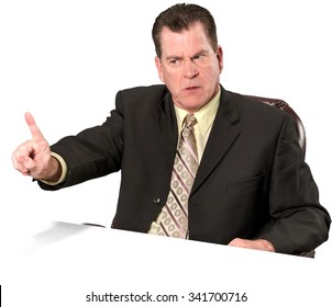 Serious Caucasian elderly man with short medium brown hair in business formal outfit waving finger - Isolated