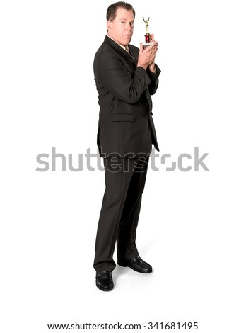 Serious Caucasian elderly man with short medium brown hair in business formal outfit holding award - Isolated