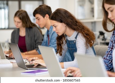 Serious College Students Studying On Laptop Sitting In A Row In Library. Young University Multiethnic Students Using Computer For Study In Classroom. Side View Of Girl Typing On Laptop During Lesson.