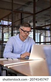 Serious concentrated European Caucasian broker trader in glasses looking at pc laptop working at desk in office. Focused male ceo manager leader analysing financial data using computer. Vertical.