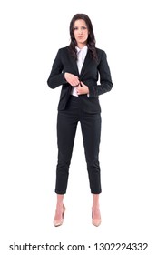 Serious Confident Business Woman Getting Dressed In Formal Clothes. Full Body Isolated On White Background. 