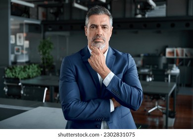 Serious confident mid aged business man, thoughtful doubtful company ceo executive wearing blue suit standing in office holding hand in chin looking at camera thinking, making decision, feeling doubt. - Shutterstock ID 2302831075