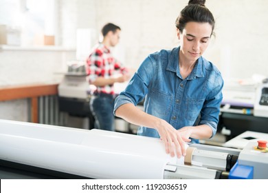 Serious confident young woman  with hair bun loading wide format printer while working at printing house