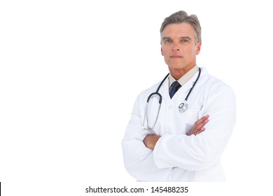 Serious Doctor With Arms Crossed On White Background