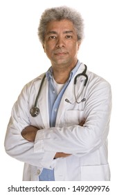 Serious Doctor With Folded Arms On White Background