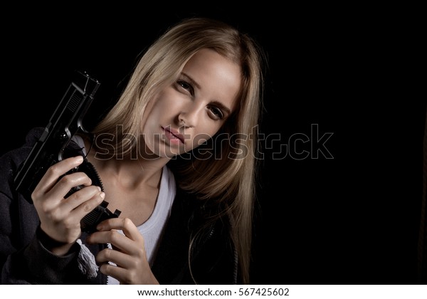 Serious Girl Gun On Black Background Stock Photo 567425602 | Shutterstock