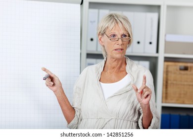 Serious Good Looking Senior Woman Holding A Presentation