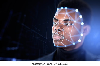 Serious handsome African American businessman with facial recognition by digital interface with line connection hologram. Concept of modern technology of artificial intelligence biometric scanning - Powered by Shutterstock