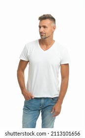 Serious Handsome Man In Casual Tshirt Keep Hand In Pocket Isolated On White, Dude