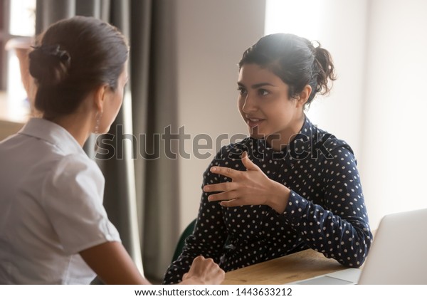 Serious Indian Mentor Teacher Worker Talk Stock Photo Edit Now 1443633212